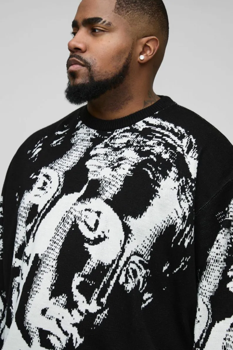 Discount boohooMAN Plus Oversized Renaissance Face Knit Jumper black