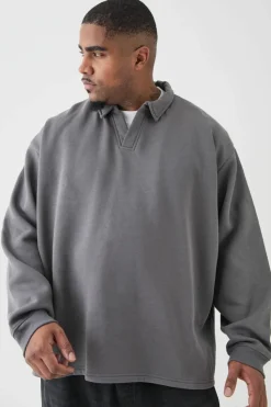 Cheap boohooMAN Plus Oversized Revere Rugby Sweatshirt Polo charcoal