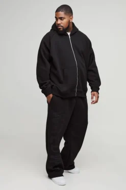 Hot boohooMAN Plus Oversized Satin Applique WRLDWD Hooded Relaxed Jogger Tracksuit black