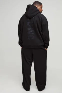 Hot boohooMAN Plus Oversized Satin Applique WRLDWD Hooded Relaxed Jogger Tracksuit black
