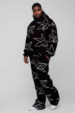 Online boohooMAN Plus Oversized Star All Over Printed Gusset Flare Hooded Tracksuit black