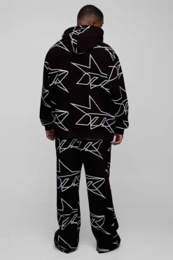 Online boohooMAN Plus Oversized Star All Over Printed Gusset Flare Hooded Tracksuit black