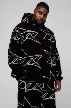 Online boohooMAN Plus Oversized Star All Over Printed Gusset Flare Hooded Tracksuit black