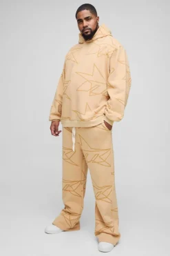 Flash Sale boohooMAN Plus Oversized Star All Over Printed Gusset Flare Hooded Tracksuit stone