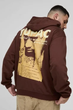 Discount boohooMAN Plus Oversized Tupac Wash License Print Hoodie chocolate