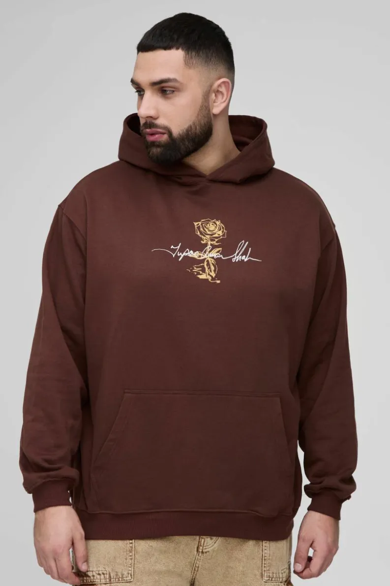 Discount boohooMAN Plus Oversized Tupac Wash License Print Hoodie chocolate