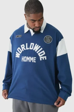 Flash Sale boohooMAN Plus Oversized Worldwide Applique Rugby Polo navy