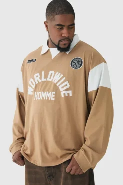 New boohooMAN Plus Oversized Worldwide Applique Rugby Polo brown