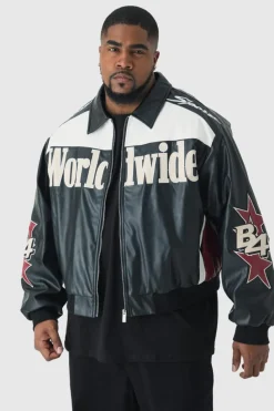 New boohooMAN Plus Oversized Worldwide Collared PU Bomber Jacket In black