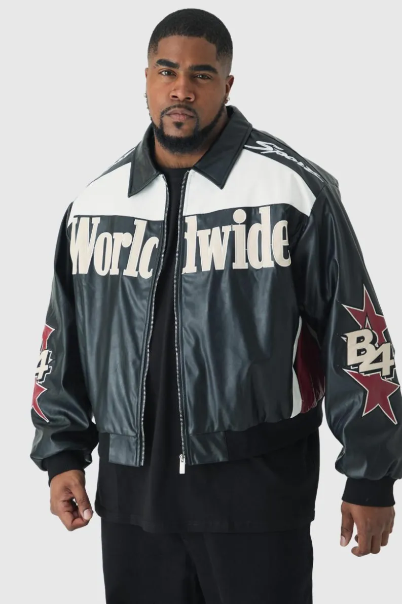 New boohooMAN Plus Oversized Worldwide Collared PU Bomber Jacket In black