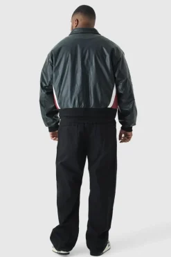 New boohooMAN Plus Oversized Worldwide Collared PU Bomber Jacket In black