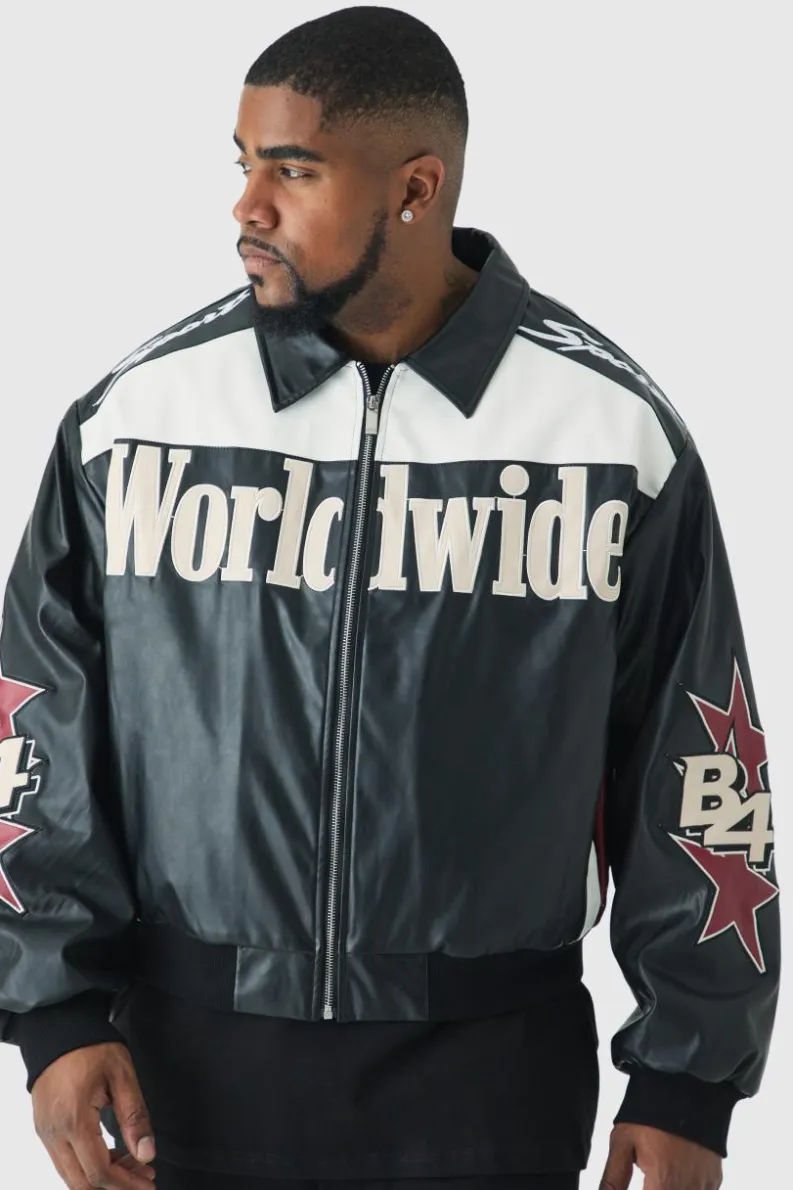New boohooMAN Plus Oversized Worldwide Collared PU Bomber Jacket In black