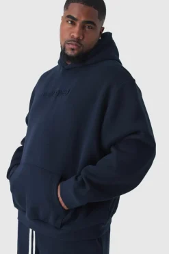 Cheap boohooMAN Plus Oversized Worldwide Embossed Hoodie navy