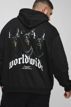 Store boohooMAN Plus Oversized Worldwide Graphic Hoodie black