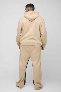 Best boohooMAN Plus Oversized Zip Thru Graphic Spray Wash Hooded Relaxed Flare Tracksuit stone