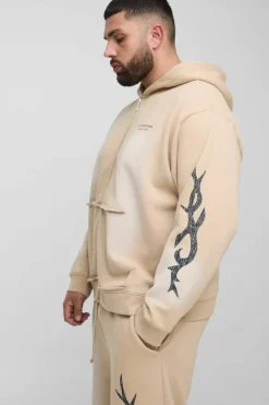 Best boohooMAN Plus Oversized Zip Thru Graphic Spray Wash Hooded Relaxed Flare Tracksuit stone