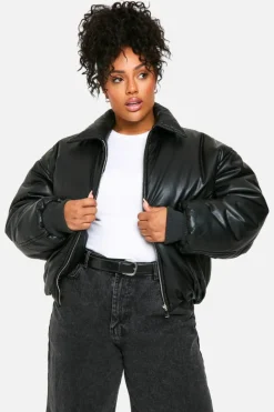 Shop boohoo Plus Padded Faux Leather Bomber Jacket black