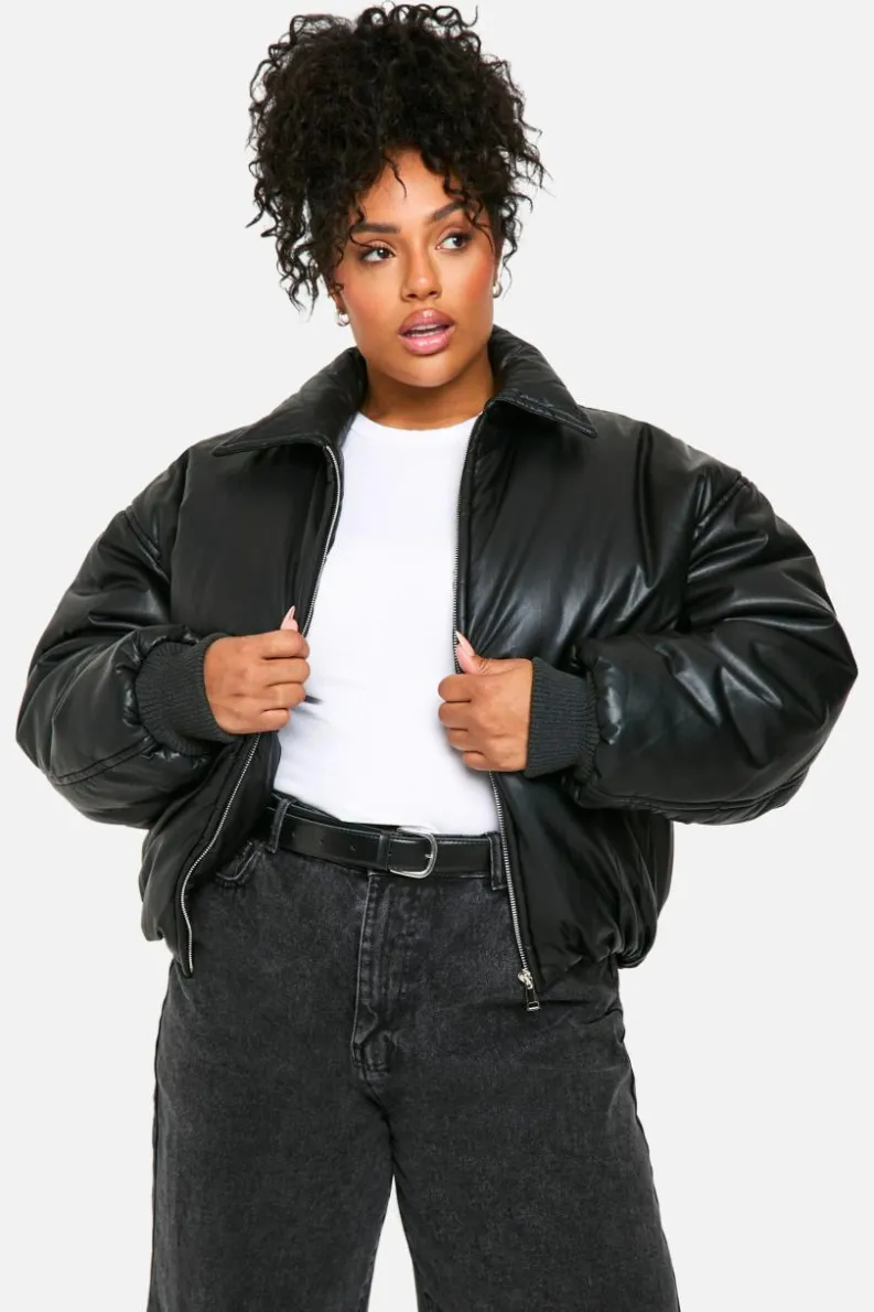 Shop boohoo Plus Padded Faux Leather Bomber Jacket black