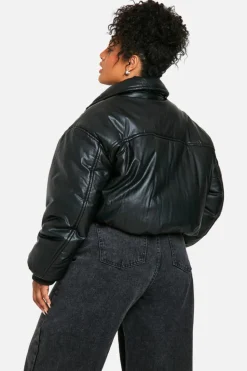 Shop boohoo Plus Padded Faux Leather Bomber Jacket black