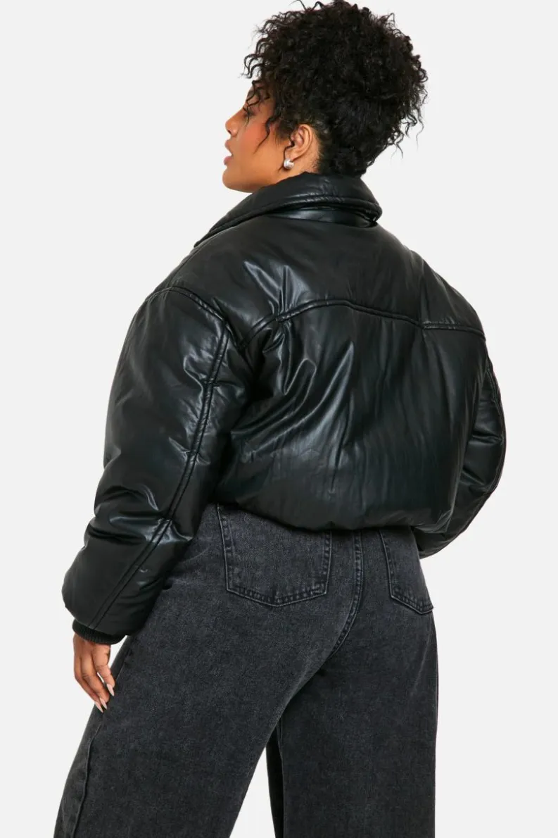 Shop boohoo Plus Padded Faux Leather Bomber Jacket black