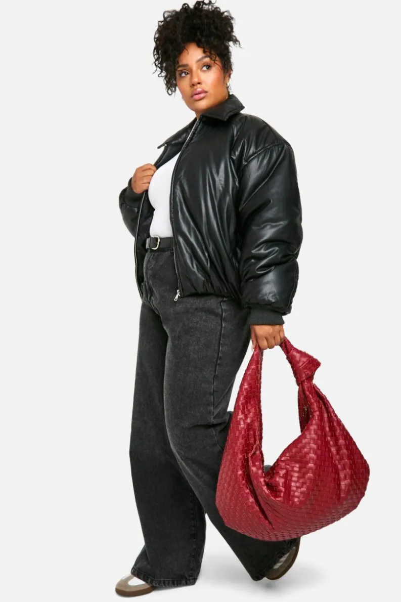 Shop boohoo Plus Padded Faux Leather Bomber Jacket black