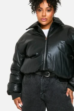 Shop boohoo Plus Padded Faux Leather Bomber Jacket black