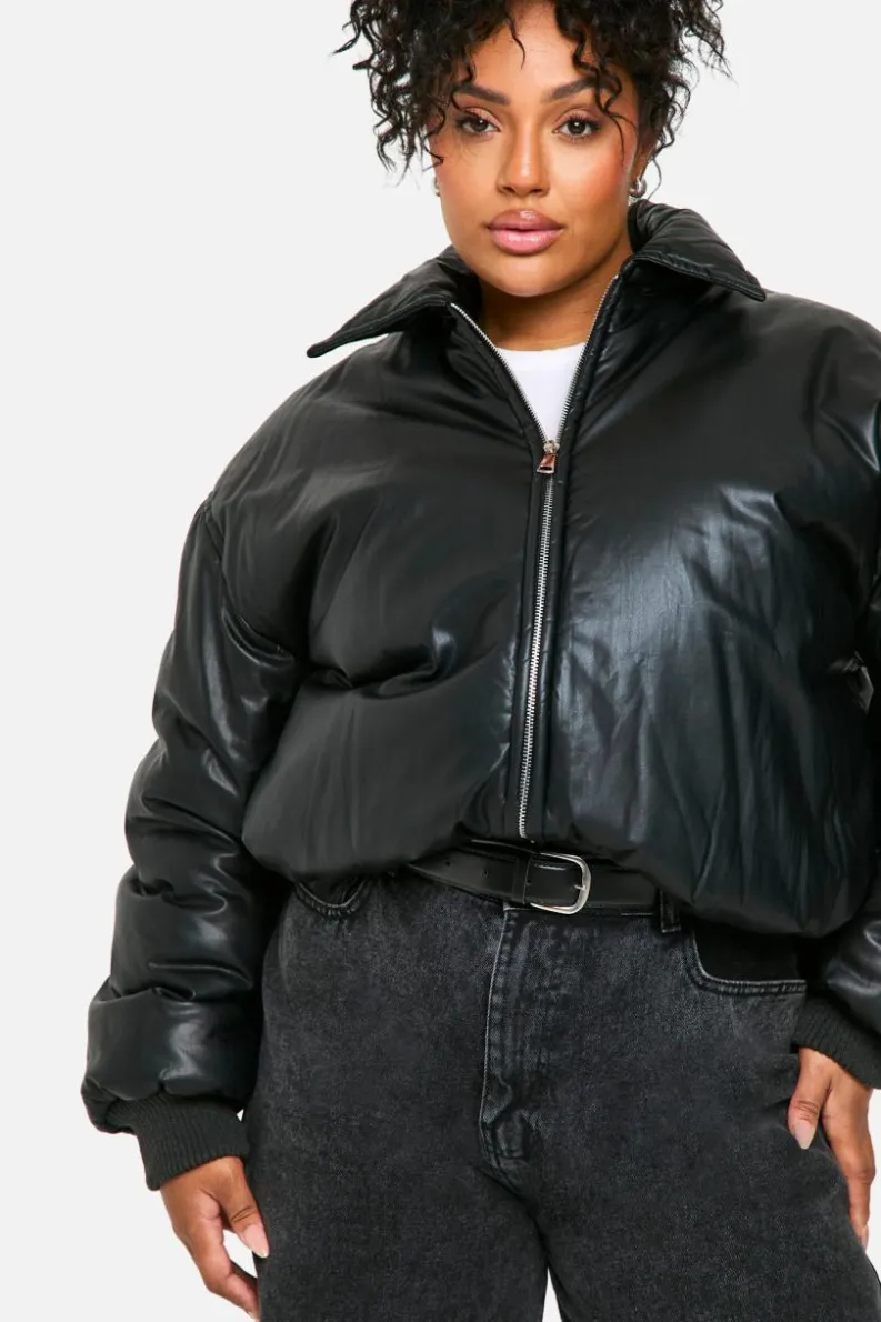 Shop boohoo Plus Padded Faux Leather Bomber Jacket black
