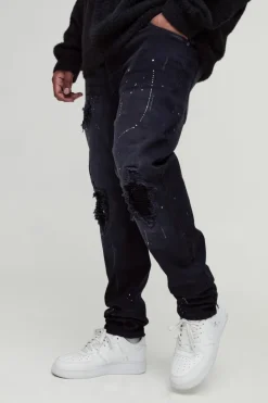 Cheap boohooMAN Plus Paint Splatter Biker Rip & Repair Zip Hem Skinny Jeans washed black