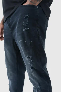 Fashion boohooMAN Plus Paint Splatter Distressed Skinny Jeans washed black