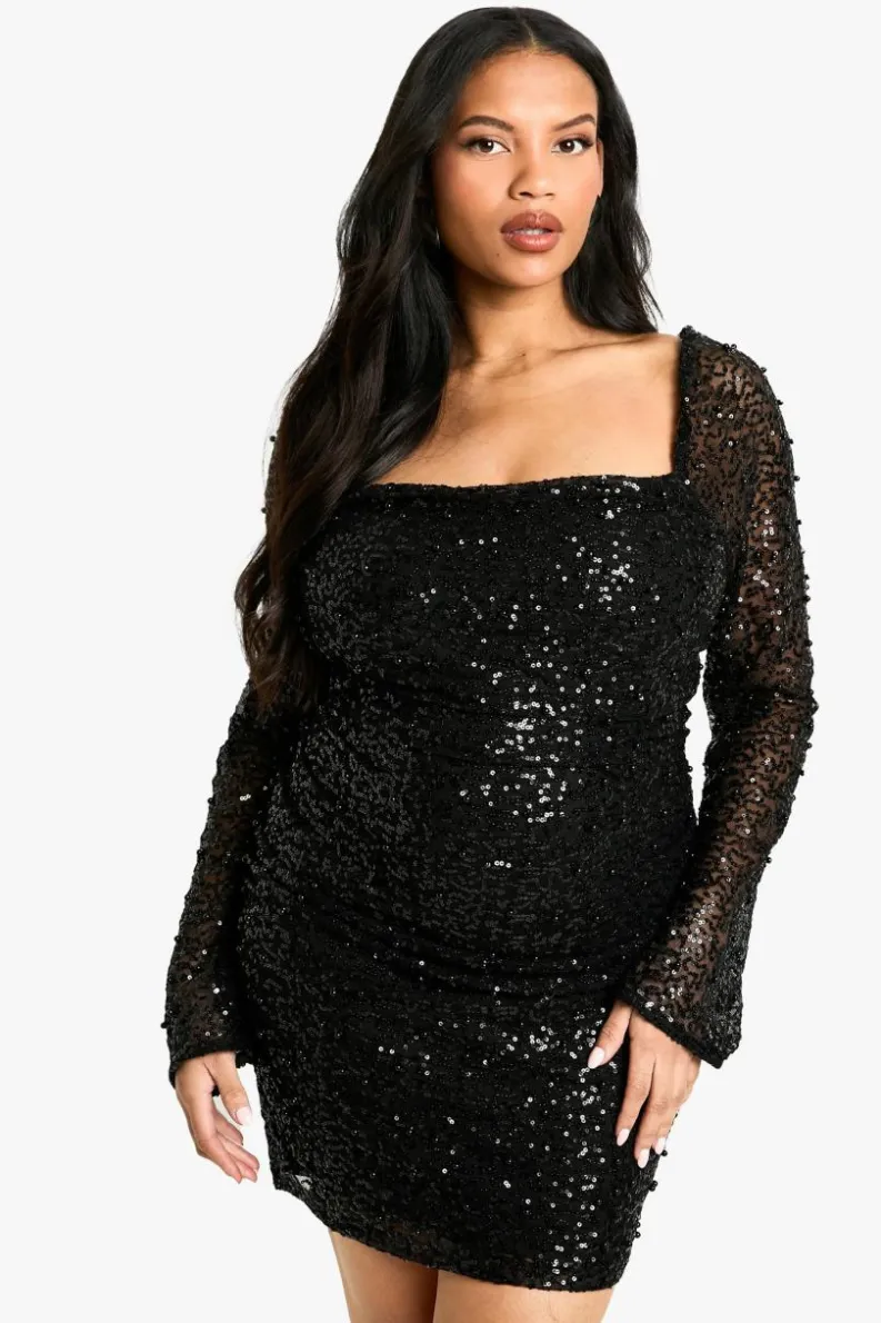 Fashion boohoo Plus Pearl Ruched Bodycon Dress black