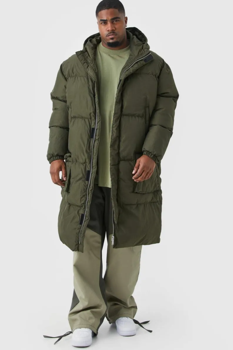 Sale boohooMAN Plus 4 Pocket Longline Hooded Puffer Jacket in khaki