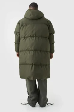 Sale boohooMAN Plus 4 Pocket Longline Hooded Puffer Jacket in khaki