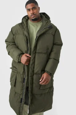 Sale boohooMAN Plus 4 Pocket Longline Hooded Puffer Jacket in khaki