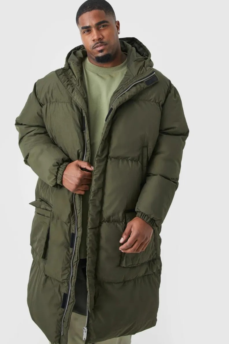 Sale boohooMAN Plus 4 Pocket Longline Hooded Puffer Jacket in khaki