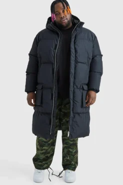 Flash Sale boohooMAN Plus 4 Pocket Longline Hooded Puffer Jacket in black