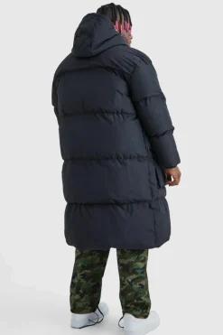 Flash Sale boohooMAN Plus 4 Pocket Longline Hooded Puffer Jacket in black
