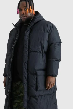 Flash Sale boohooMAN Plus 4 Pocket Longline Hooded Puffer Jacket in black