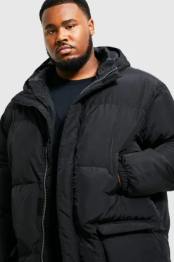 Flash Sale boohooMAN Plus 4 Pocket Longline Hooded Puffer Jacket in black