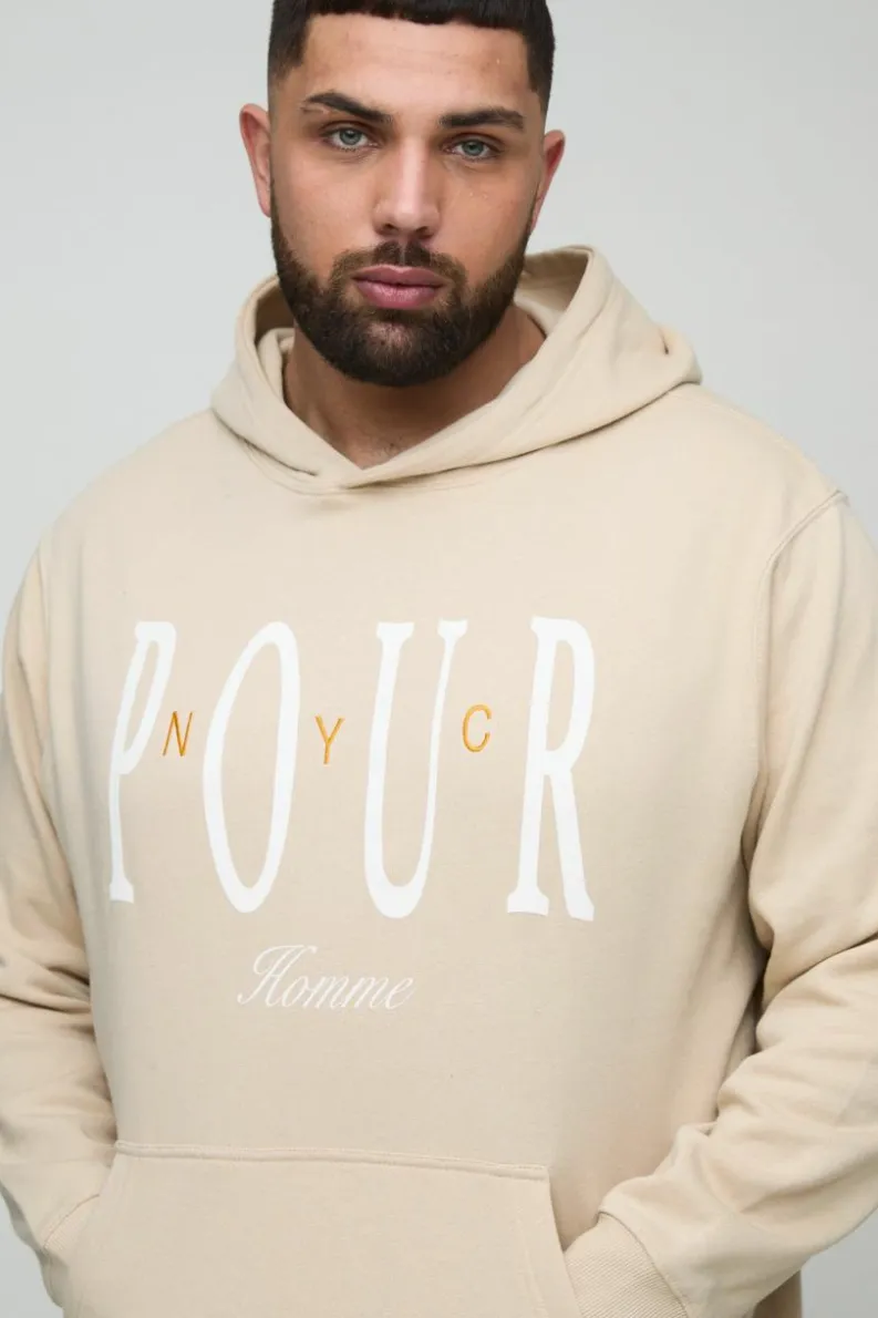 Outlet boohooMAN Plus Pour Homme Embroidered Hoodie sand