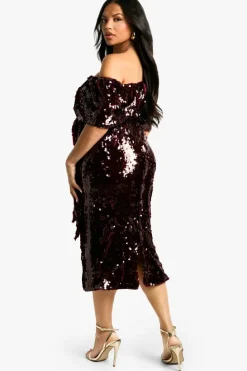 Online boohoo Plus Premium Sequin Off The Shoulder Midi Dress malbec