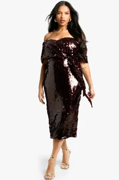 Online boohoo Plus Premium Sequin Off The Shoulder Midi Dress malbec