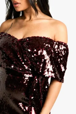 Online boohoo Plus Premium Sequin Off The Shoulder Midi Dress malbec