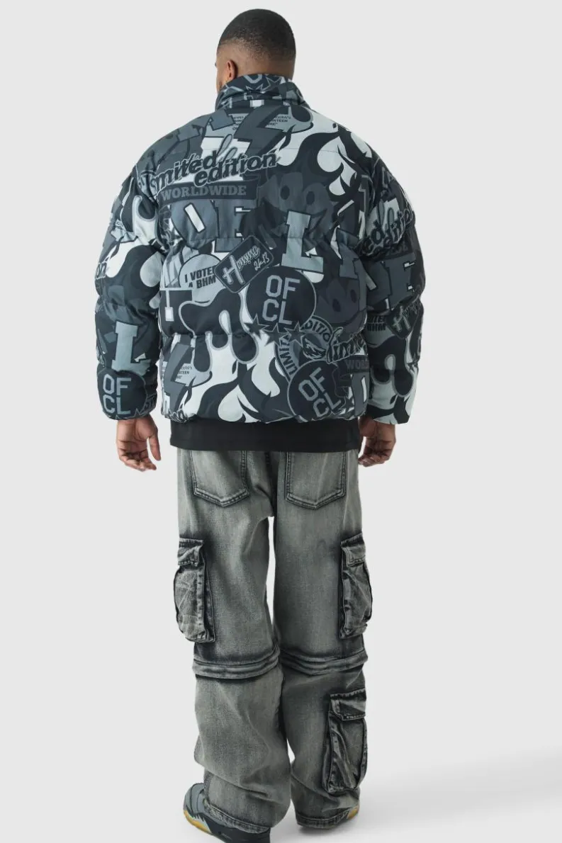 Shop boohooMAN Plus Printed Funnel Neck Mesh Puffer Jacket In black
