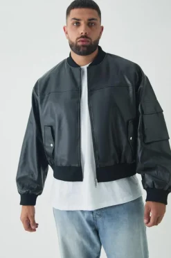 Shop boohooMAN Plus PU Boxy Oversized Cargo Bomber Jacket black
