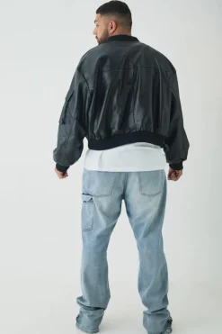 Shop boohooMAN Plus PU Boxy Oversized Cargo Bomber Jacket black