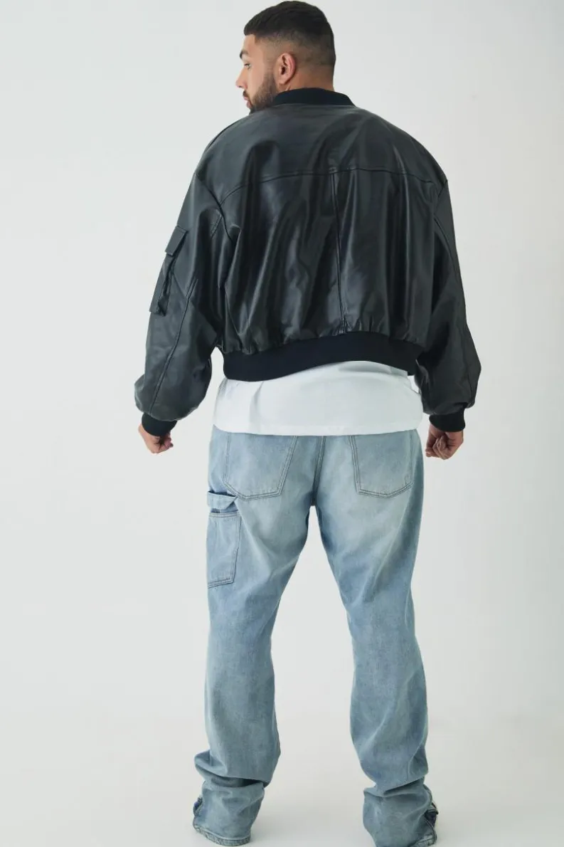 Shop boohooMAN Plus PU Boxy Oversized Cargo Bomber Jacket black
