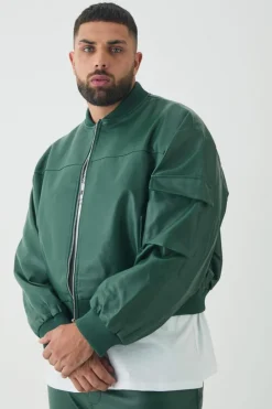 Shop boohooMAN Plus PU Boxy Oversized Cargo Bomber Jacket forest