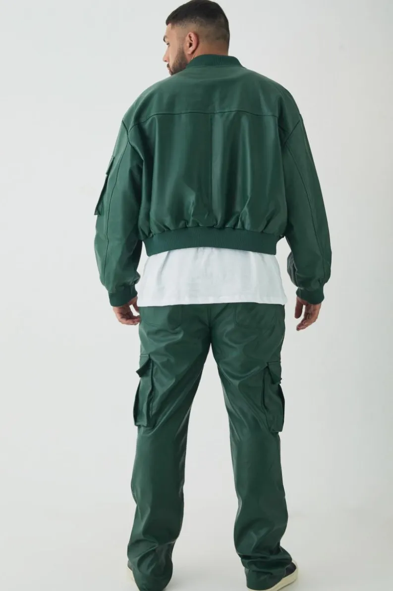 Shop boohooMAN Plus PU Boxy Oversized Cargo Bomber Jacket forest