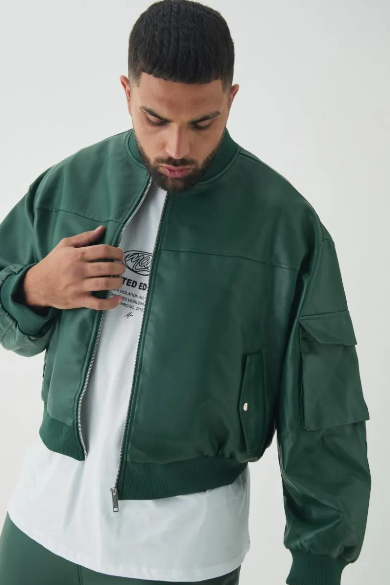 Shop boohooMAN Plus PU Boxy Oversized Cargo Bomber Jacket forest
