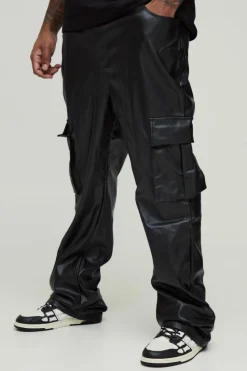 Clearance boohooMAN Plus PU Cargo Stacked Flared Trousers black